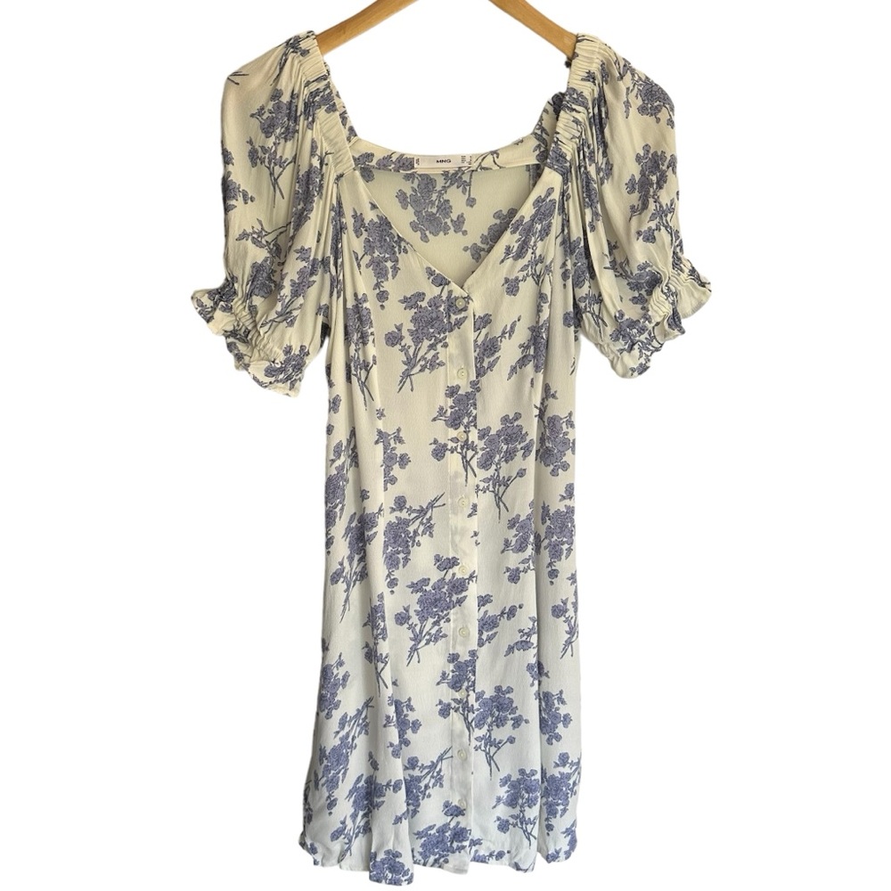 MNG Floral Flowy Dress With Puffed Short Sleeves Size 6